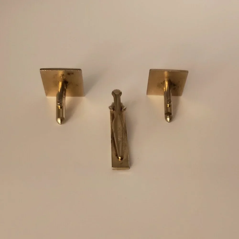Vintage Swank Men's Gold Tone Cuff Links Tie Clip Set Square Art Deco Geometric